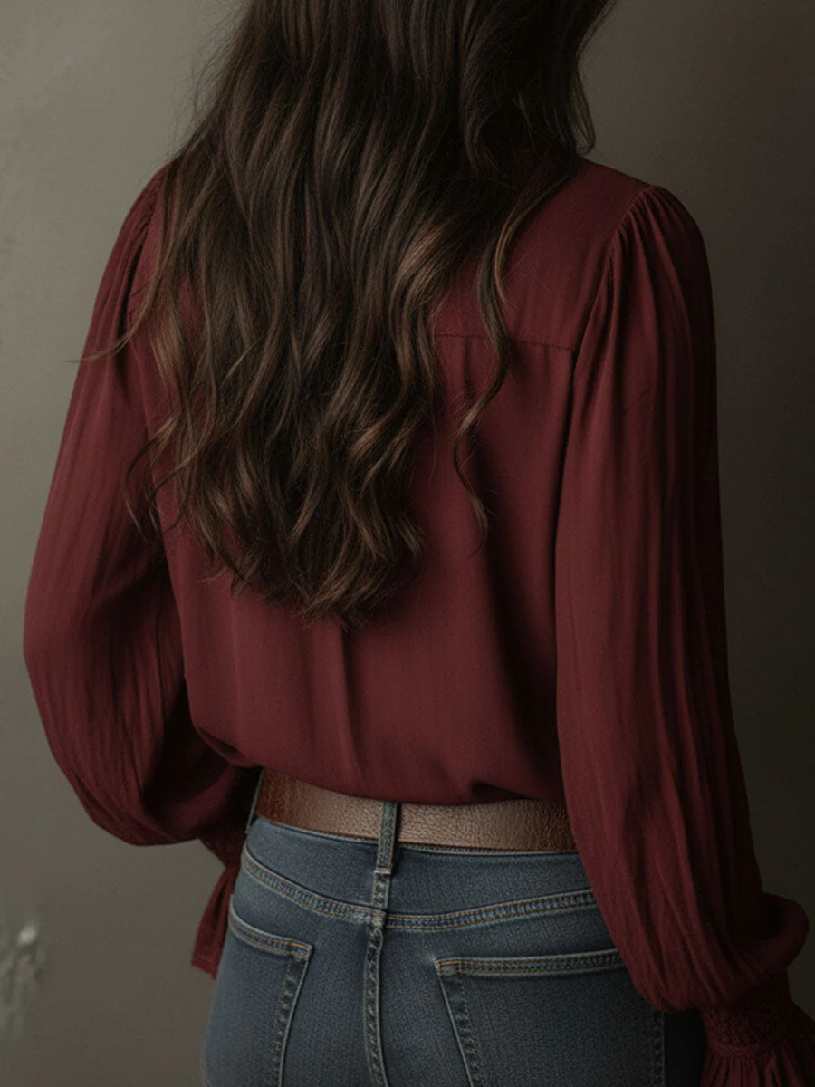 Boho V-Neck Deep Wine Red Blouse With Lace Cuffs - Image 6