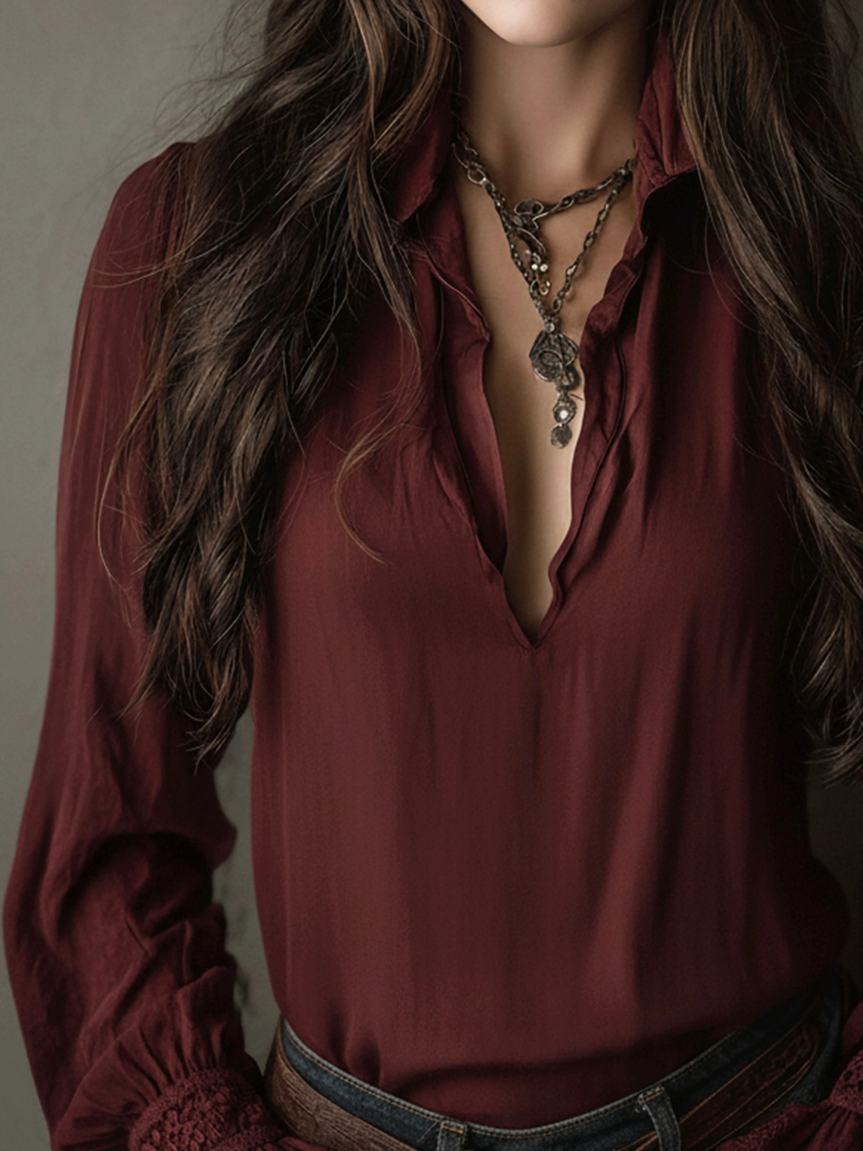 Boho V-Neck Deep Wine Red Blouse With Lace Cuffs - Image 7