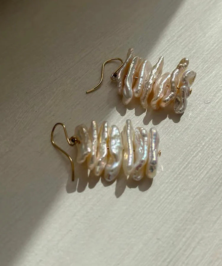 Boho White 14K Gold Irregular Pearl Drop Earrings - Image 4