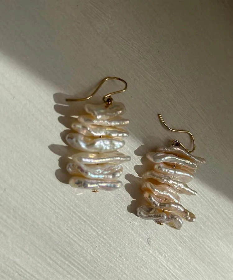 Boho White 14K Gold Irregular Pearl Drop Earrings - Image 5