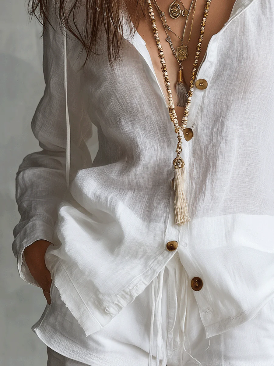 Boho White Button Linen Blouse - Image 3