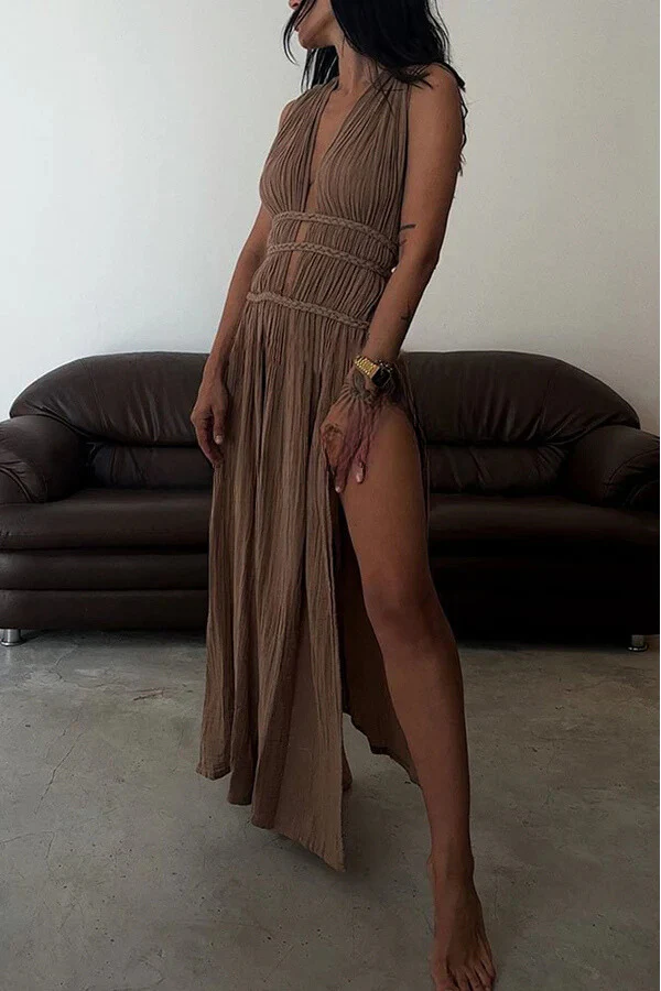 Boho with Elegance Linen Blend Braids Belt Cutout Slit Kaftan Maxi Dress - Image 2