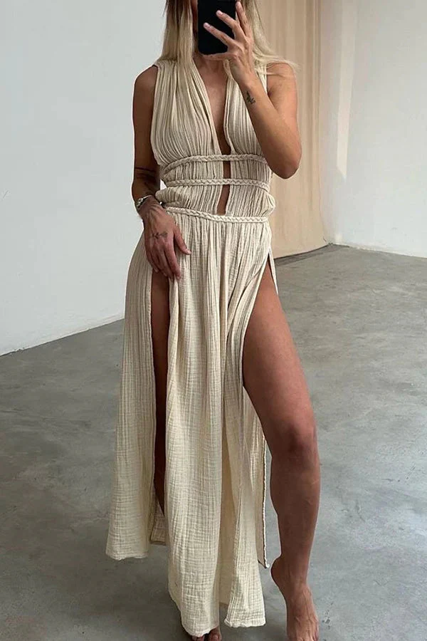 Boho with Elegance Linen Blend Braids Belt Cutout Slit Kaftan Maxi Dress - Image 3