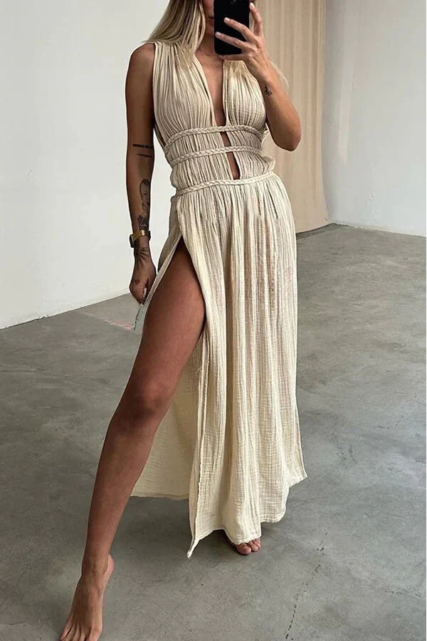 Boho with Elegance Linen Blend Braids Belt Cutout Slit Kaftan Maxi Dress - Image 4
