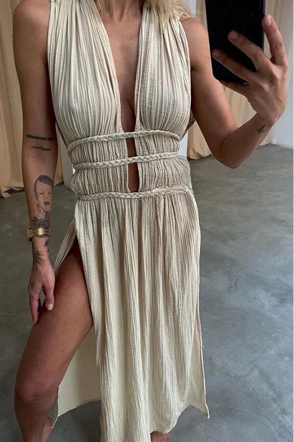 Boho with Elegance Linen Blend Braids Belt Cutout Slit Kaftan Maxi Dress - Image 5