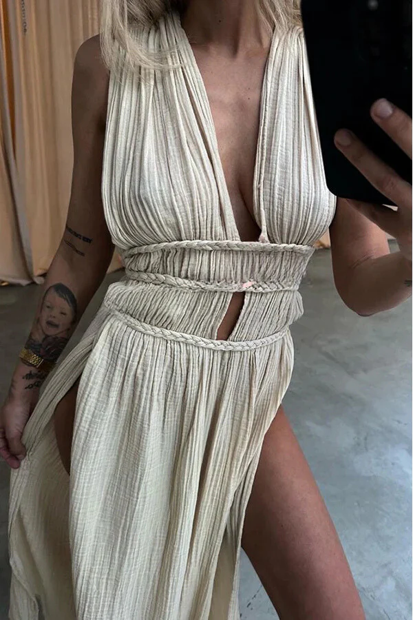 Boho with Elegance Linen Blend Braids Belt Cutout Slit Kaftan Maxi Dress - Image 6
