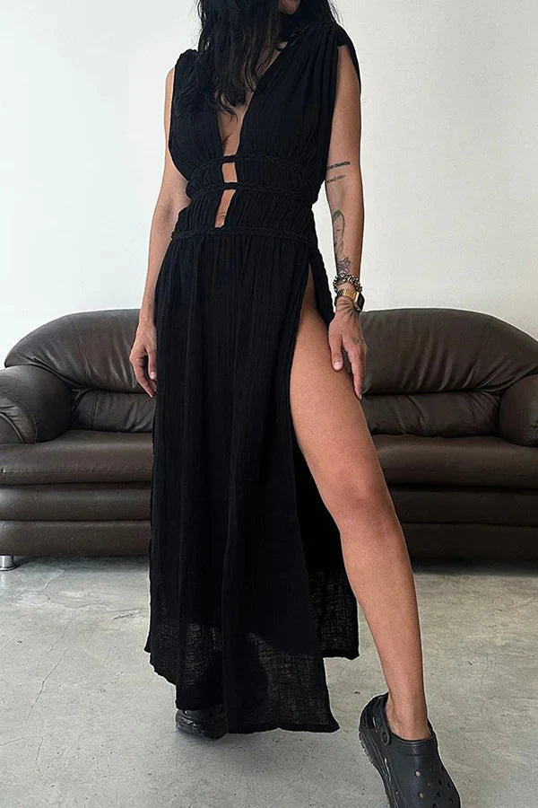 Boho with Elegance Linen Blend Braids Belt Cutout Slit Kaftan Maxi Dress - Image 7