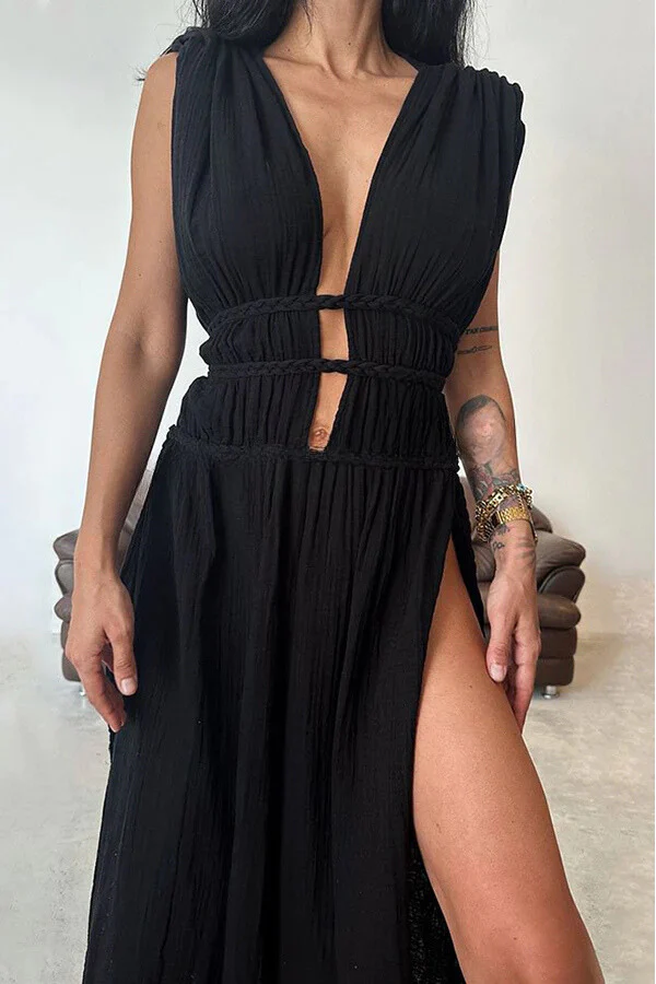 Boho with Elegance Linen Blend Braids Belt Cutout Slit Kaftan Maxi Dress - Image 8
