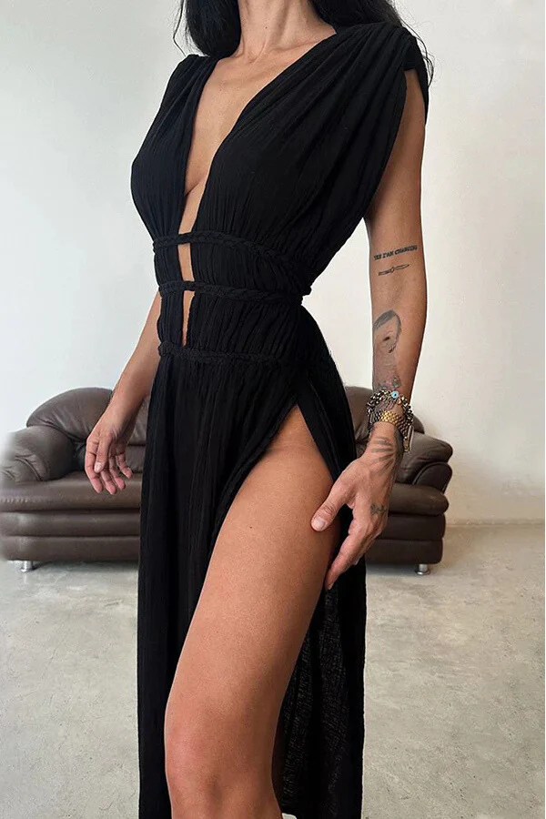 Boho with Elegance Linen Blend Braids Belt Cutout Slit Kaftan Maxi Dress - Image 9