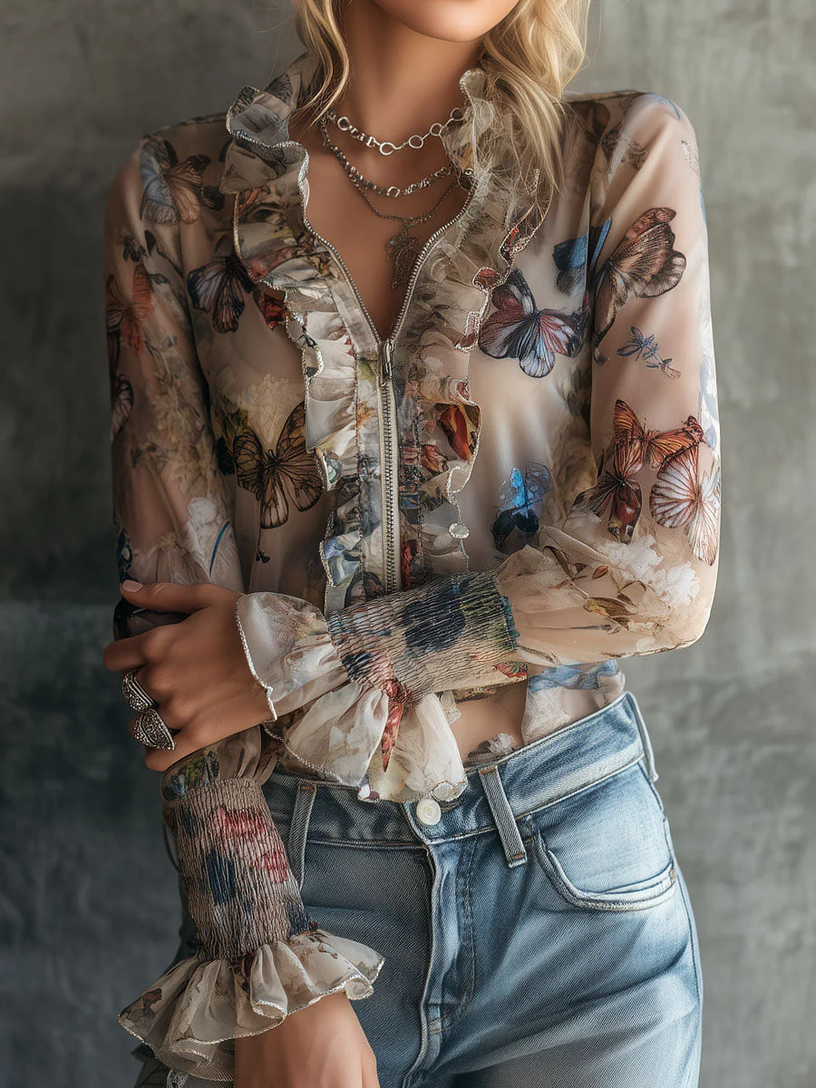 Boho Zip-Front Sheer Butterfly Print Ruffle Blouse With Smocked Cuffs