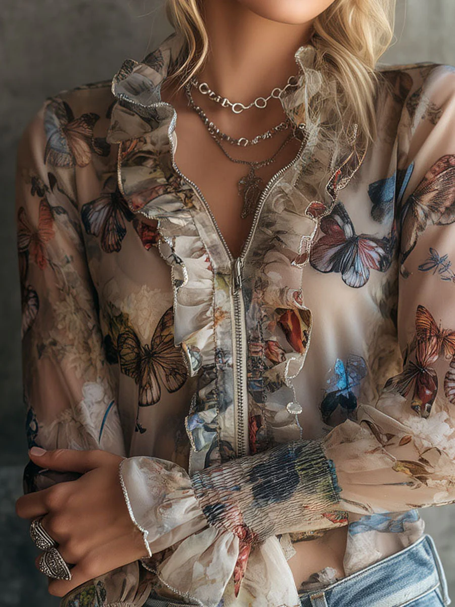 Boho Zip-Front Sheer Butterfly Print Ruffle Blouse With Smocked Cuffs - Image 2
