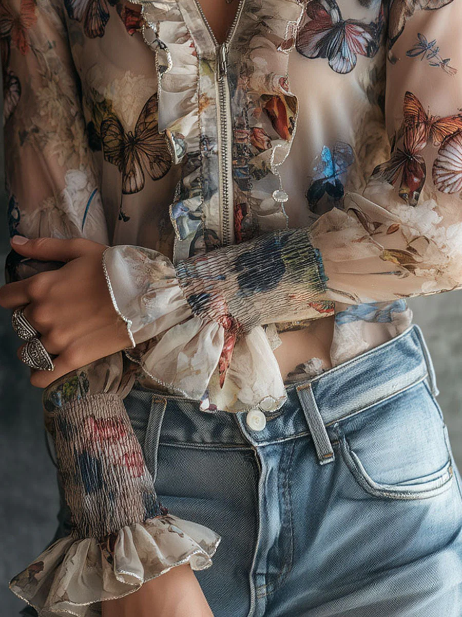 Boho Zip-Front Sheer Butterfly Print Ruffle Blouse With Smocked Cuffs - Image 3