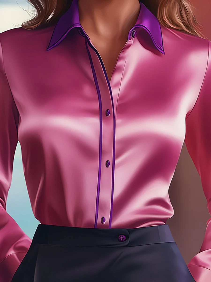 Bold Satin Blouse with Vibrant Pink and Purple Contrasts - Image 2
