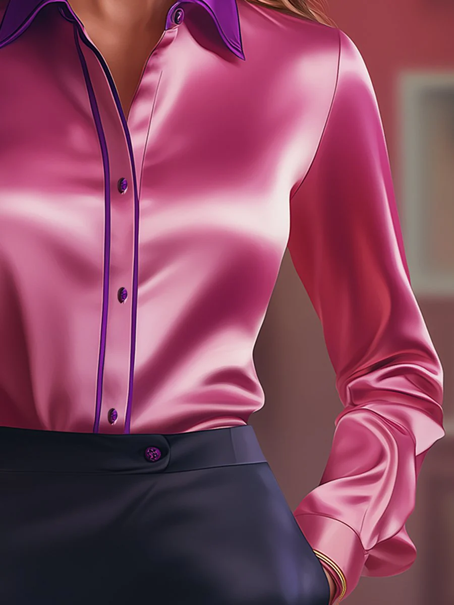 Bold Satin Blouse with Vibrant Pink and Purple Contrasts - Image 3