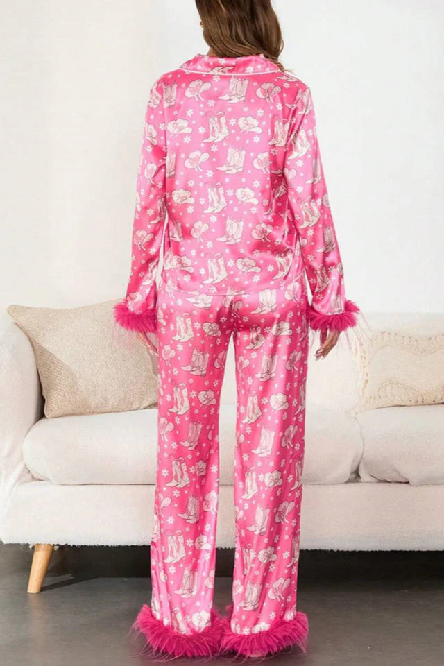 Boot & Feather Print Satin Pajama Set - Image 4