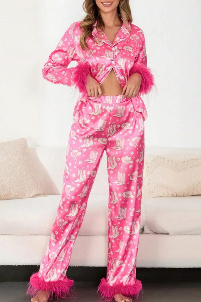 Boot & Feather Print Satin Pajama Set - Image 5