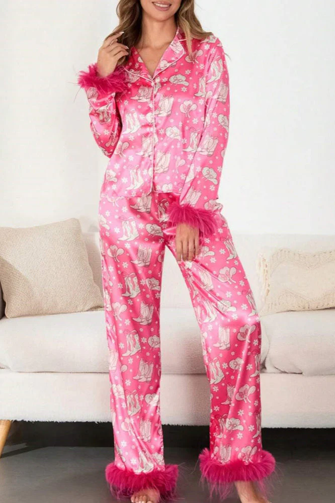 Boot & Feather Print Satin Pajama Set - Image 6