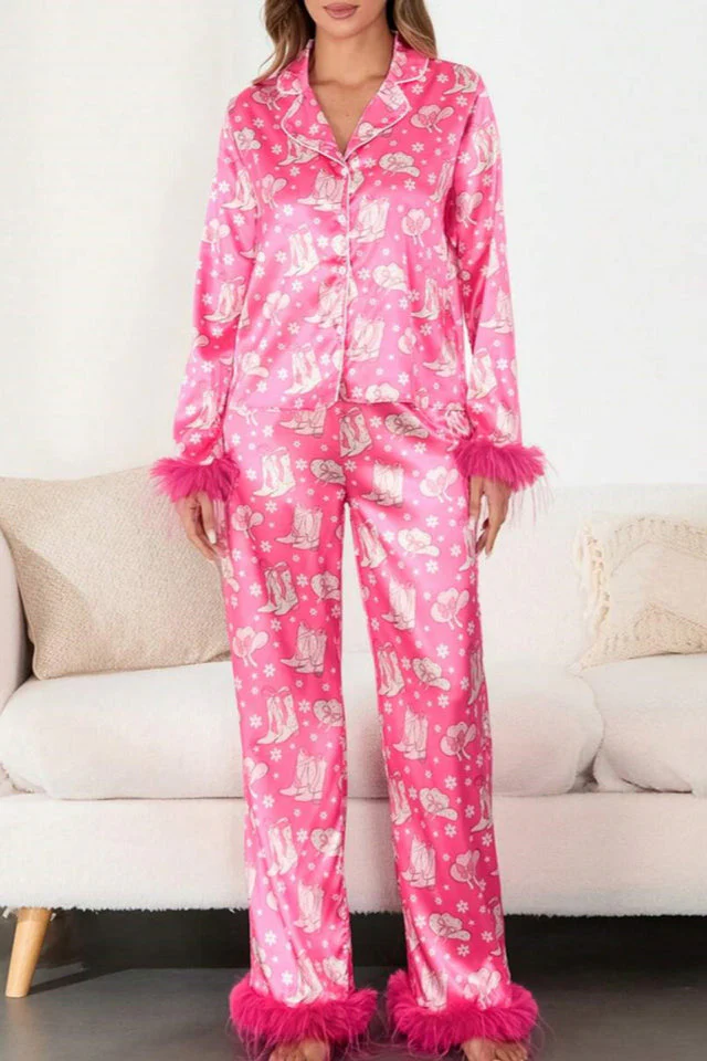Boot & Feather Print Satin Pajama Set - Image 7