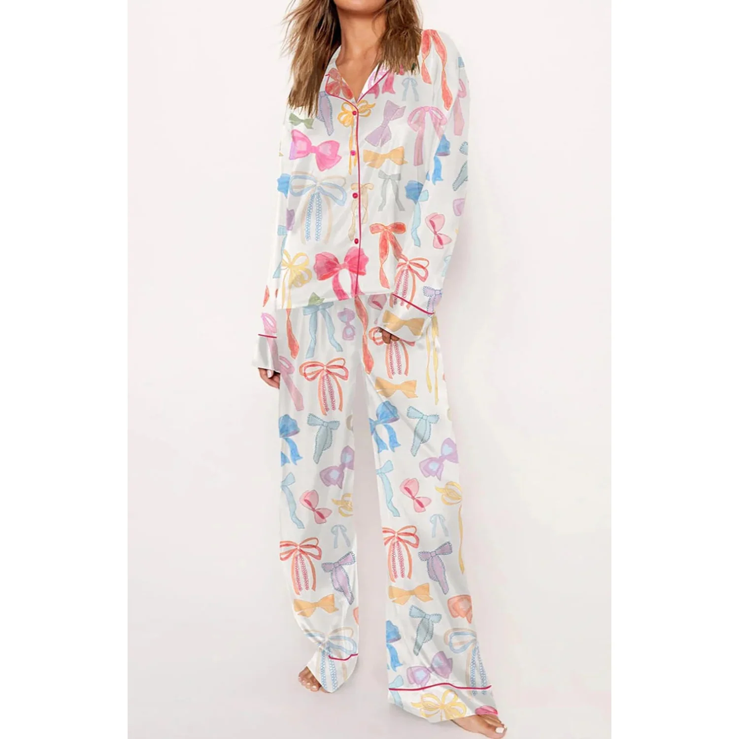 Bow Long Sleeve and Pants Pajama Set - Image 2