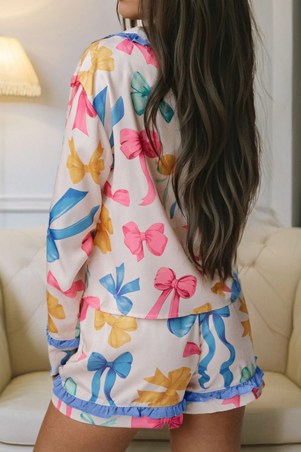Bow Print Collared Neck Top and Shorts Lounge Set - Image 3