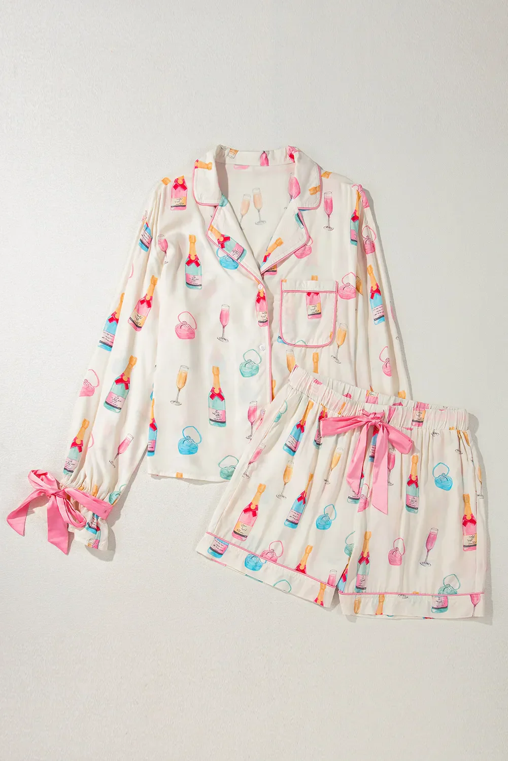 Bow Printed Collared Neck Top and Drawstring Shorts Lounge Set - Image 3