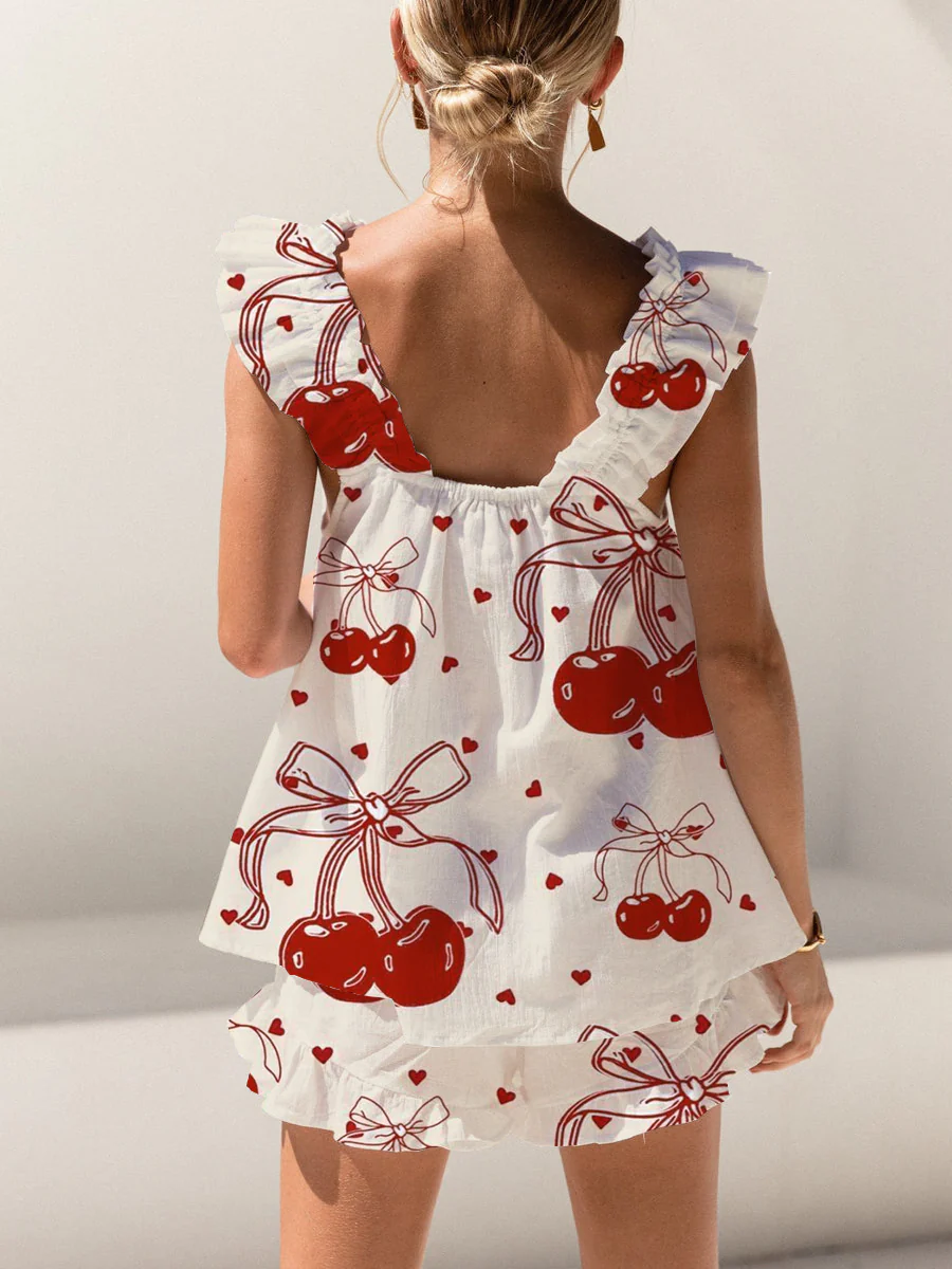 Bow Tie Cherry Print Ruffled Trim Short Tank Top Shorts Pajama Set - Image 2