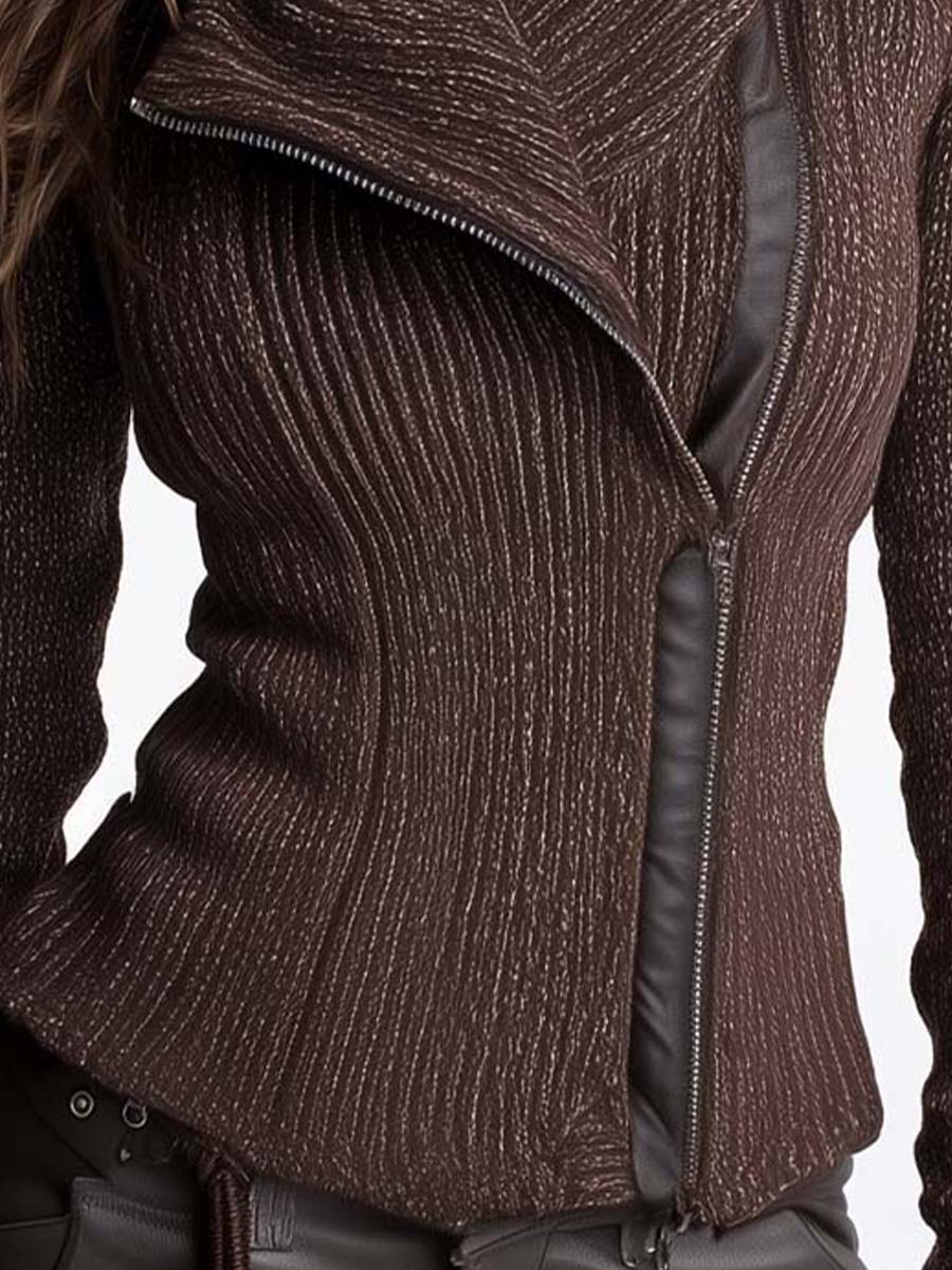 Brown Asymmetrical Zip Ribbed Knit Jacket - Image 3