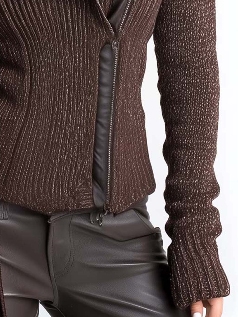 Brown Asymmetrical Zip Ribbed Knit Jacket - Image 4