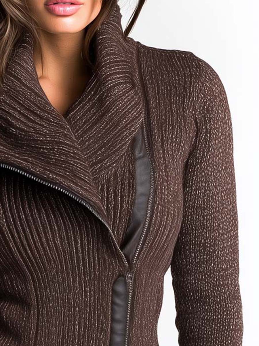 Brown Asymmetrical Zip Ribbed Knit Jacket - Image 5