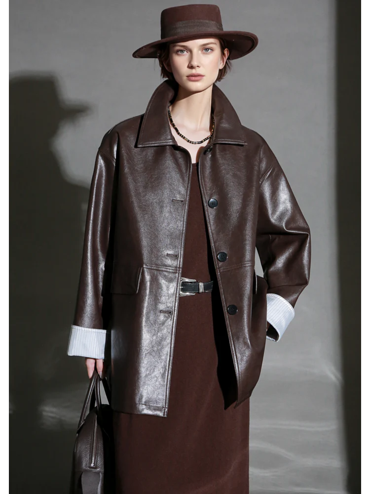 Brown Lambskin Leather Jacket for Women – Short Turn-Down Collar Biker Coat with Striped Cuffs, Chic Fall Outerwear - Image 2