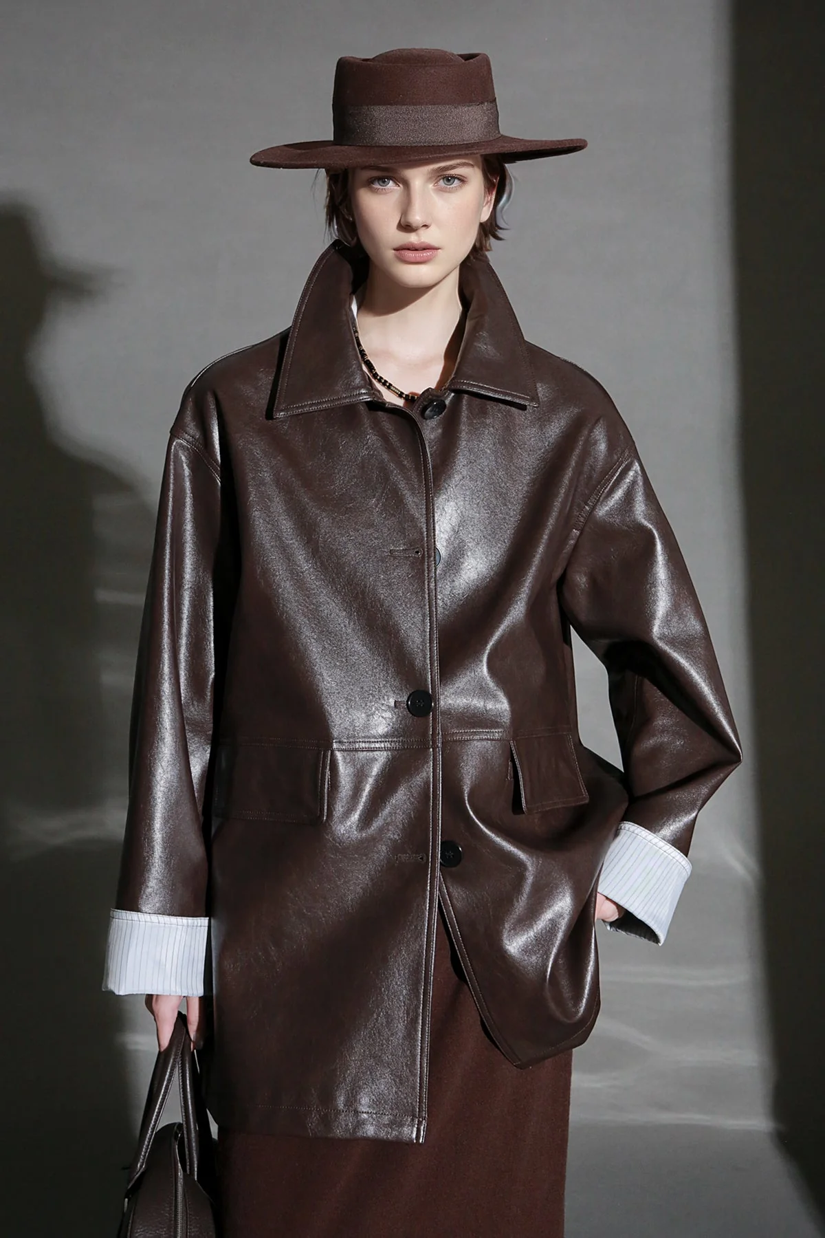 Brown Lambskin Leather Jacket for Women – Short Turn-Down Collar Biker Coat with Striped Cuffs, Chic Fall Outerwear - Image 4
