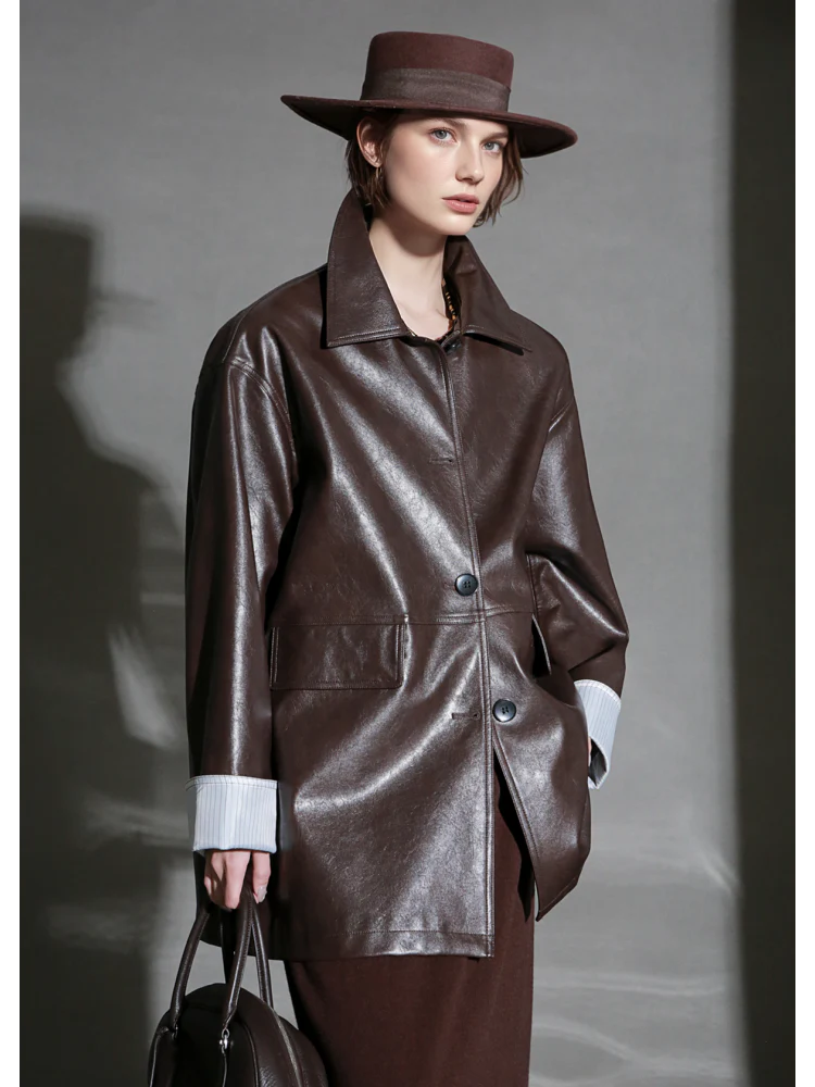 Brown Lambskin Leather Jacket for Women – Short Turn-Down Collar Biker Coat with Striped Cuffs, Chic Fall Outerwear - Image 5