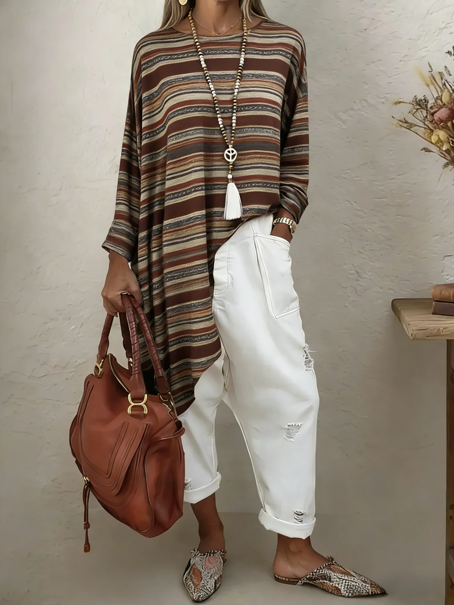 Brown Striped Irregular Hem Long Sleeve Tunic - Boho Asymmetric Top
