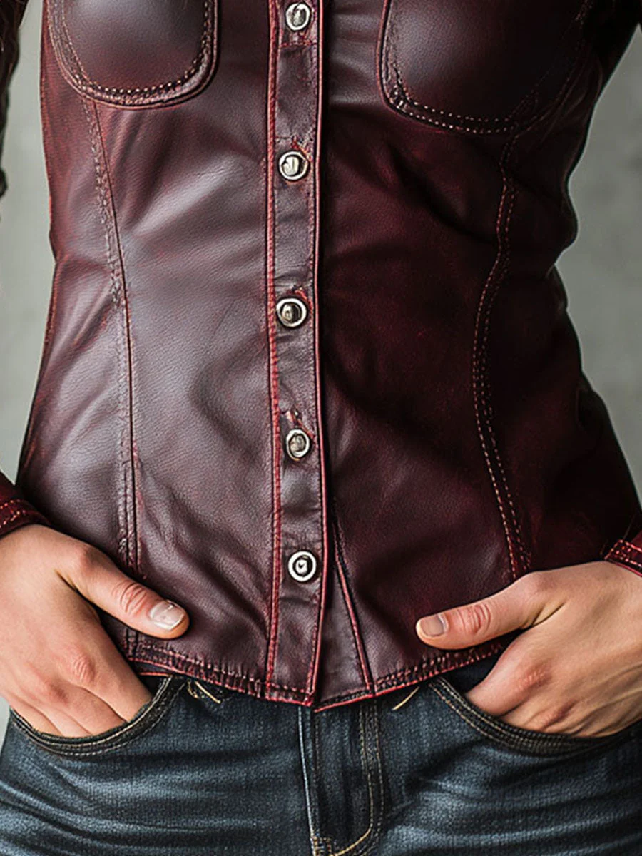 Burgundy Eco Leather Western-Fit Shirt Jacket - Image 3