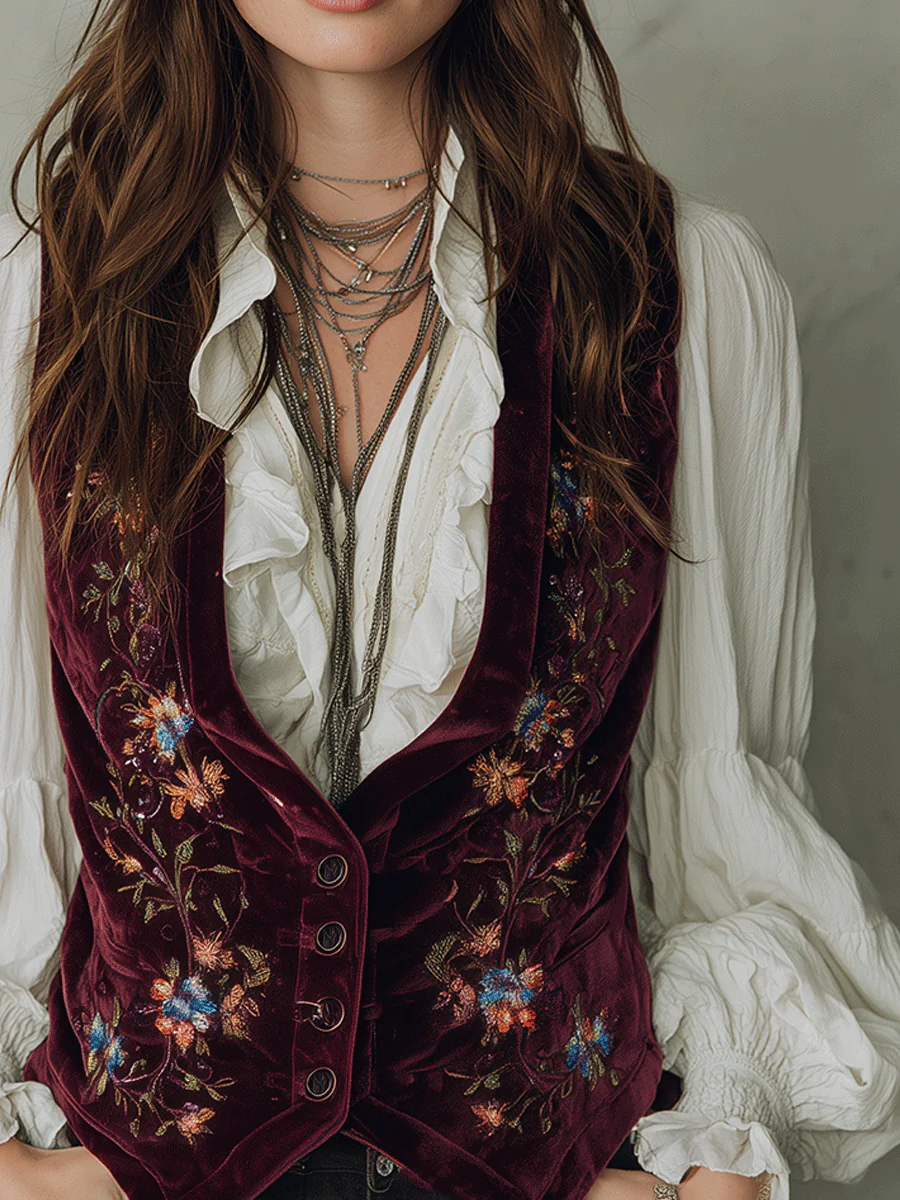 Burgundy Embroidered Velvet Vest - Image 2