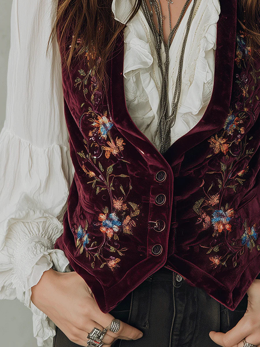Burgundy Embroidered Velvet Vest - Image 3