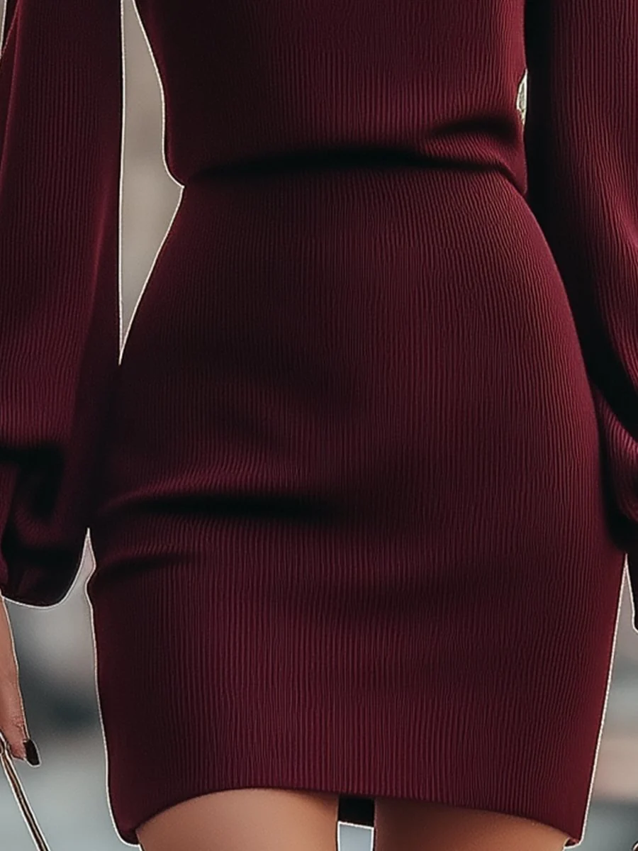 Burgundy Ribbed Turtleneck Mini Dress with Balloon Sleeves - Image 3
