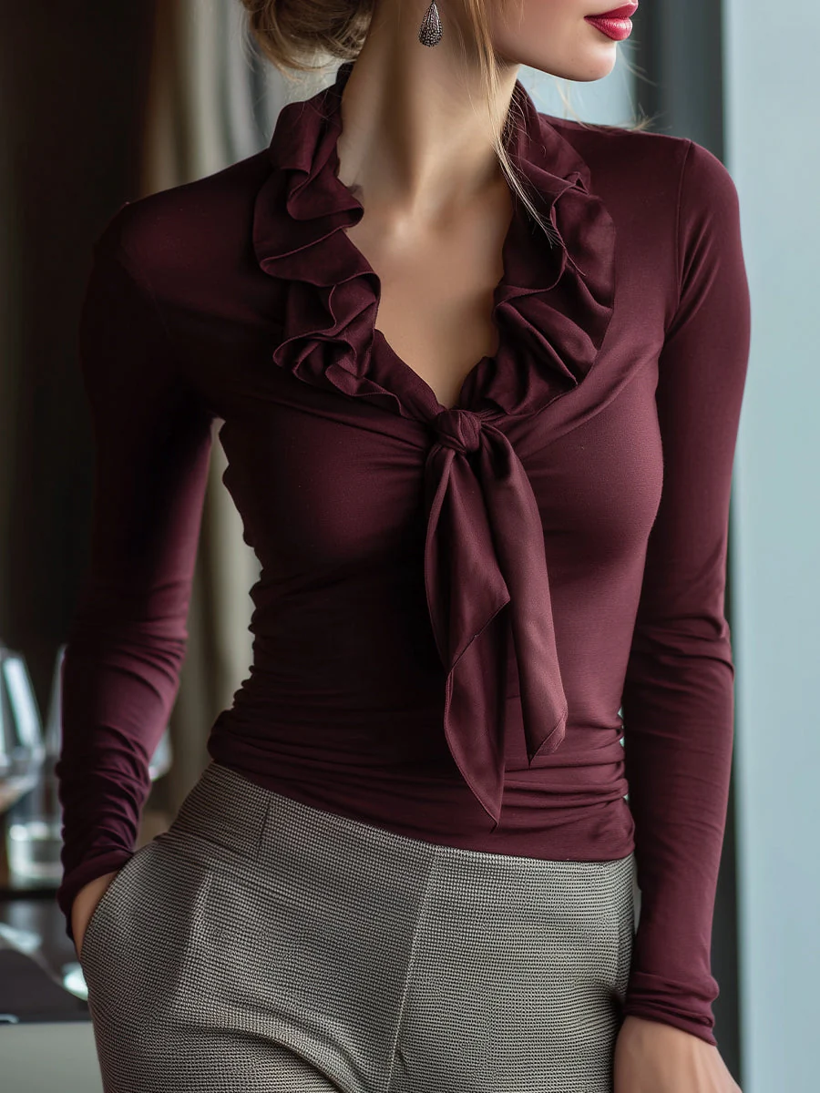 Burgundy Ruffled Tie-Neck Long Sleeve Top
