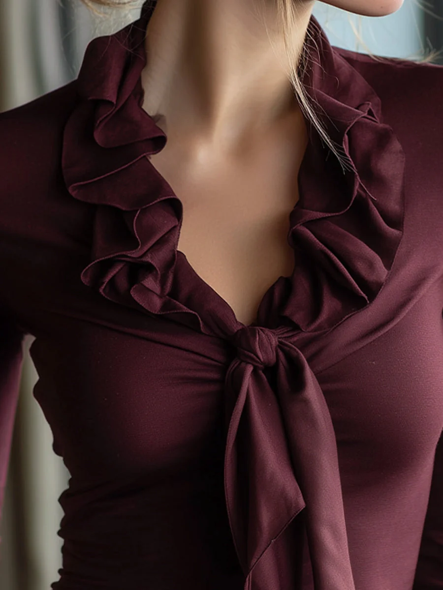 Burgundy Ruffled Tie-Neck Long Sleeve Top - Image 2