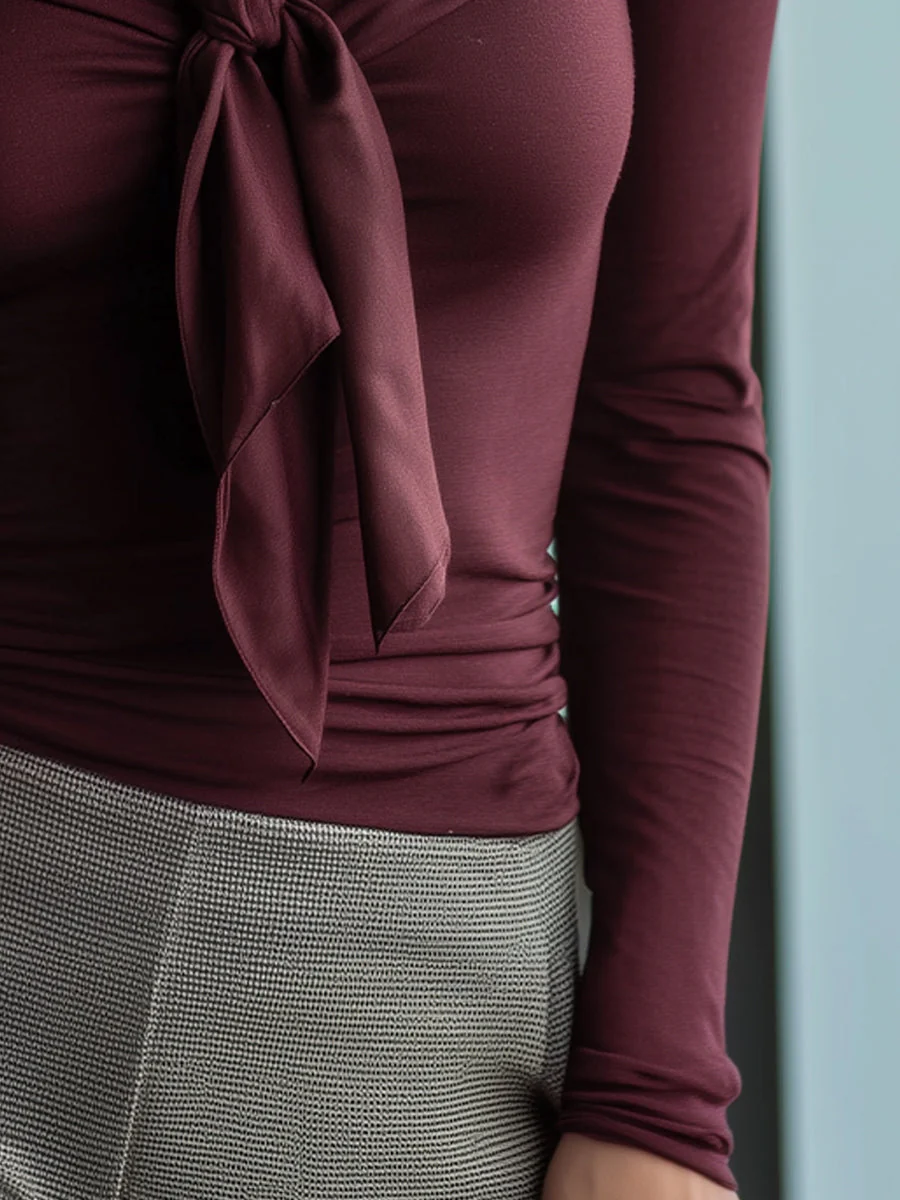 Burgundy Ruffled Tie-Neck Long Sleeve Top - Image 3