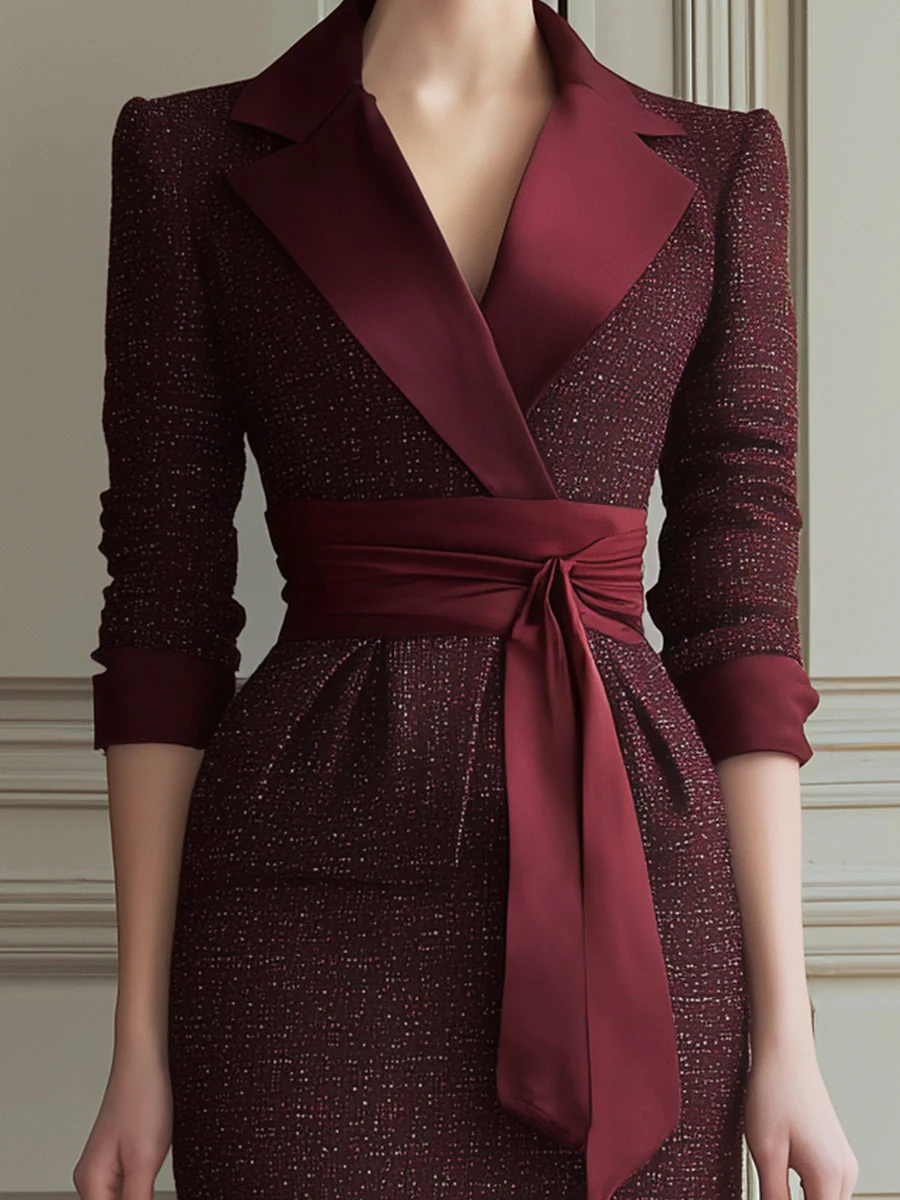 Burgundy Tailored Wrap Midi Dress With Satin Lapel And Waist Tie - Image 2