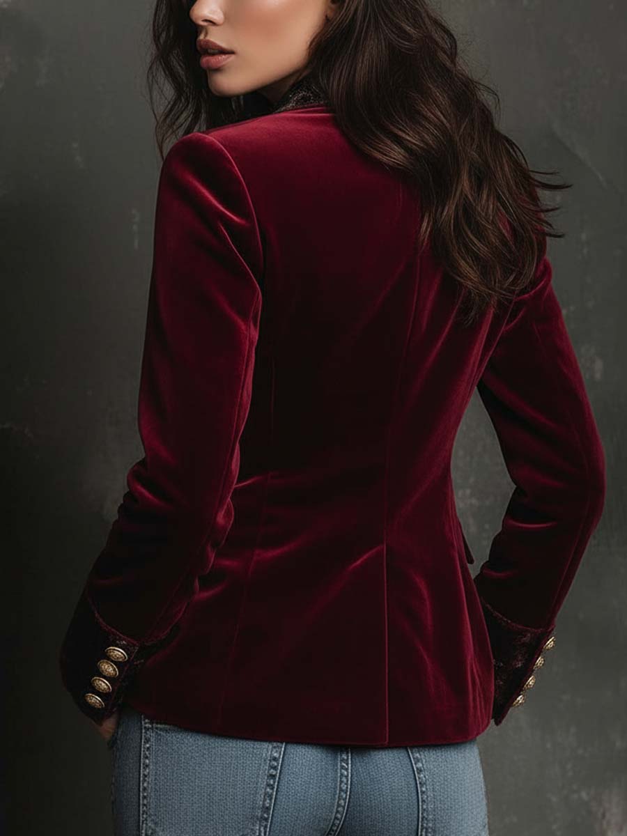 Burgundy Velvet Blazer With Printed Lapel And Cuffs - Image 3