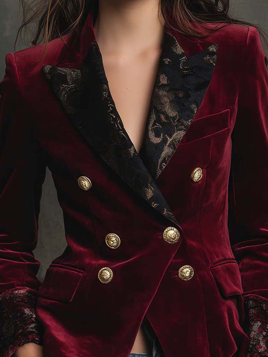 Burgundy Velvet Blazer With Printed Lapel And Cuffs - Image 4