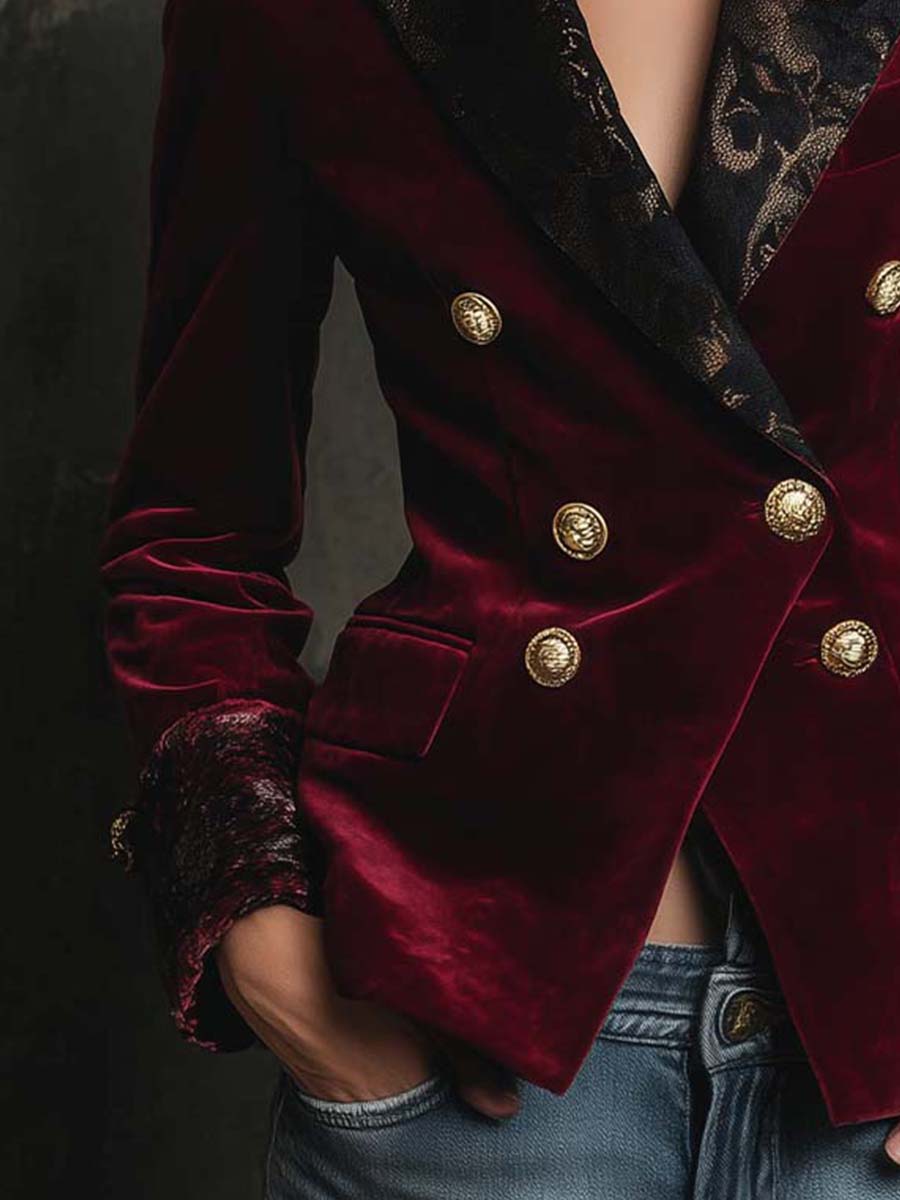 Burgundy Velvet Blazer With Printed Lapel And Cuffs - Image 5