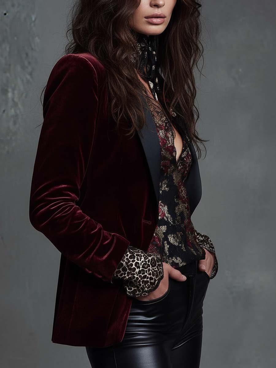 Burgundy Velvet Tailored Blazer With Black Contrast Lapel - Image 2