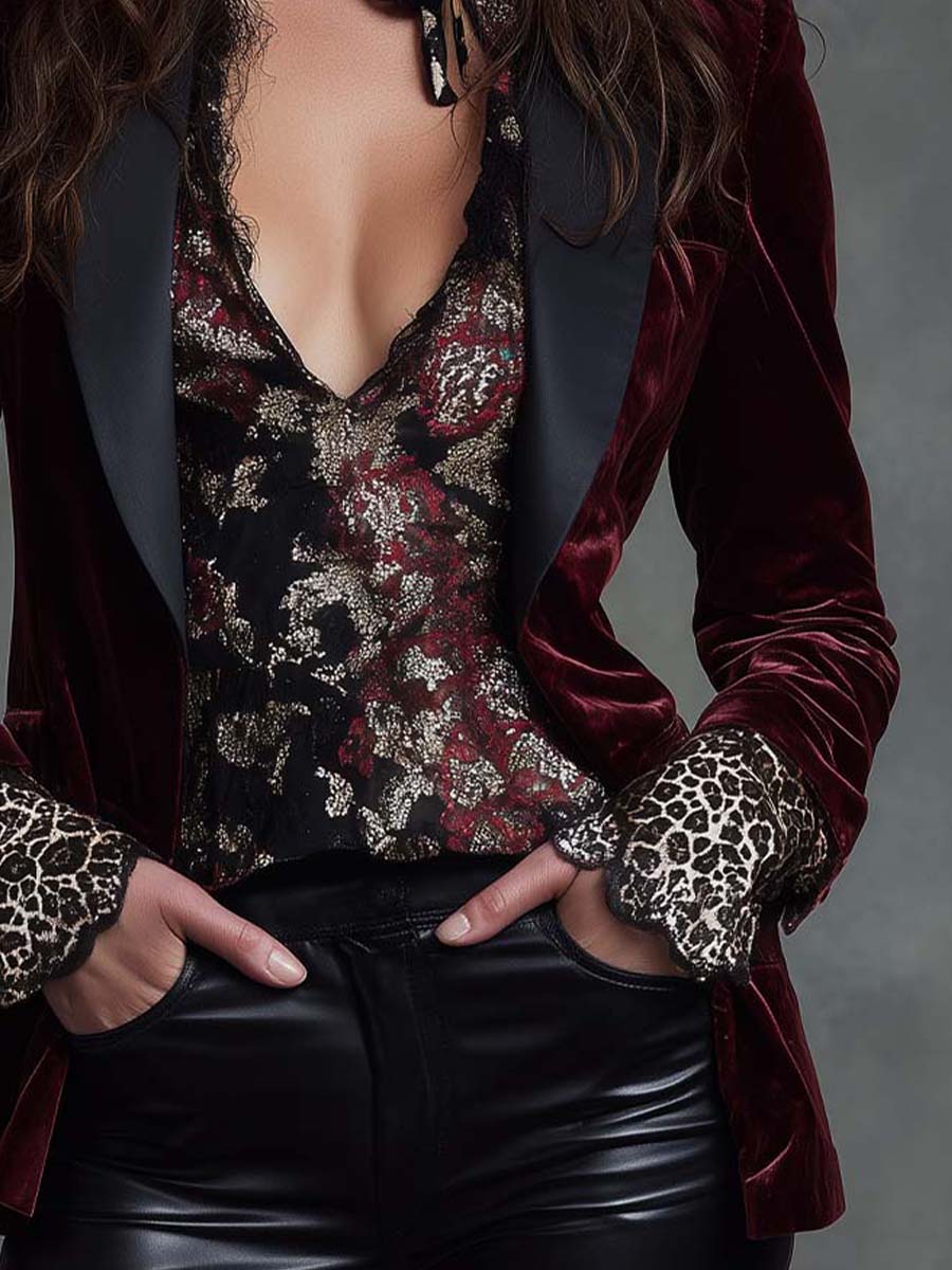 Burgundy Velvet Tailored Blazer With Black Contrast Lapel - Image 3