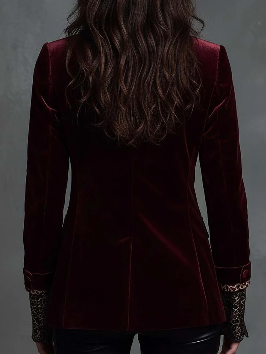 Burgundy Velvet Tailored Blazer With Black Contrast Lapel - Image 5