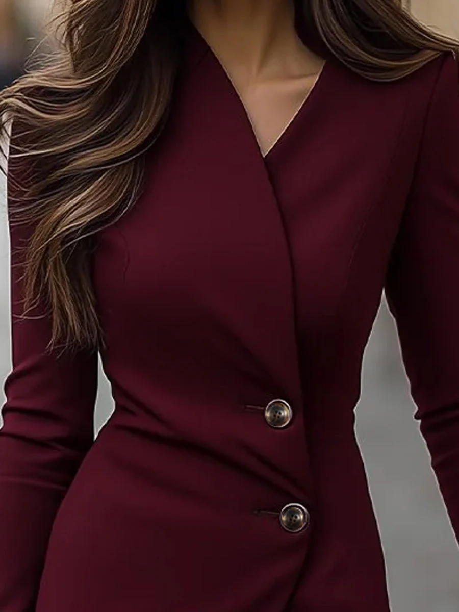 Burgundy Wrap-Style Buttoned Midi Dress - Image 3