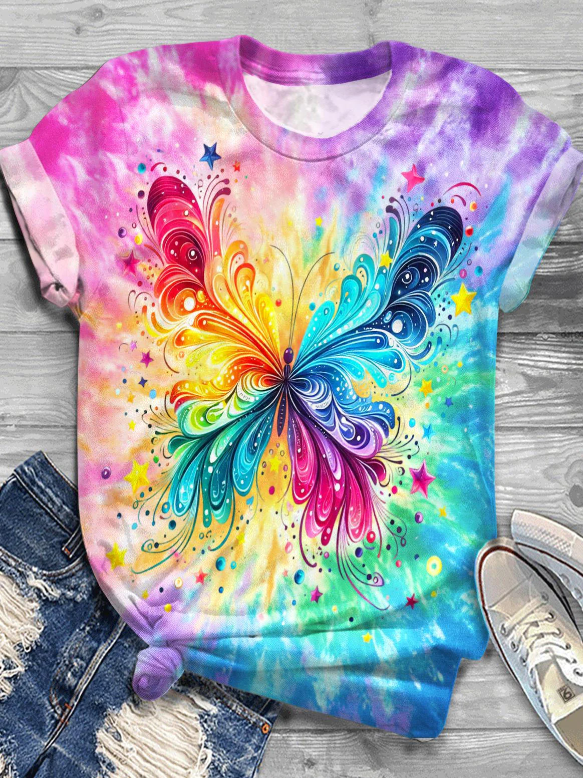 Butterfly Holiday Tie-Dye Print Crew Neck T-shirt