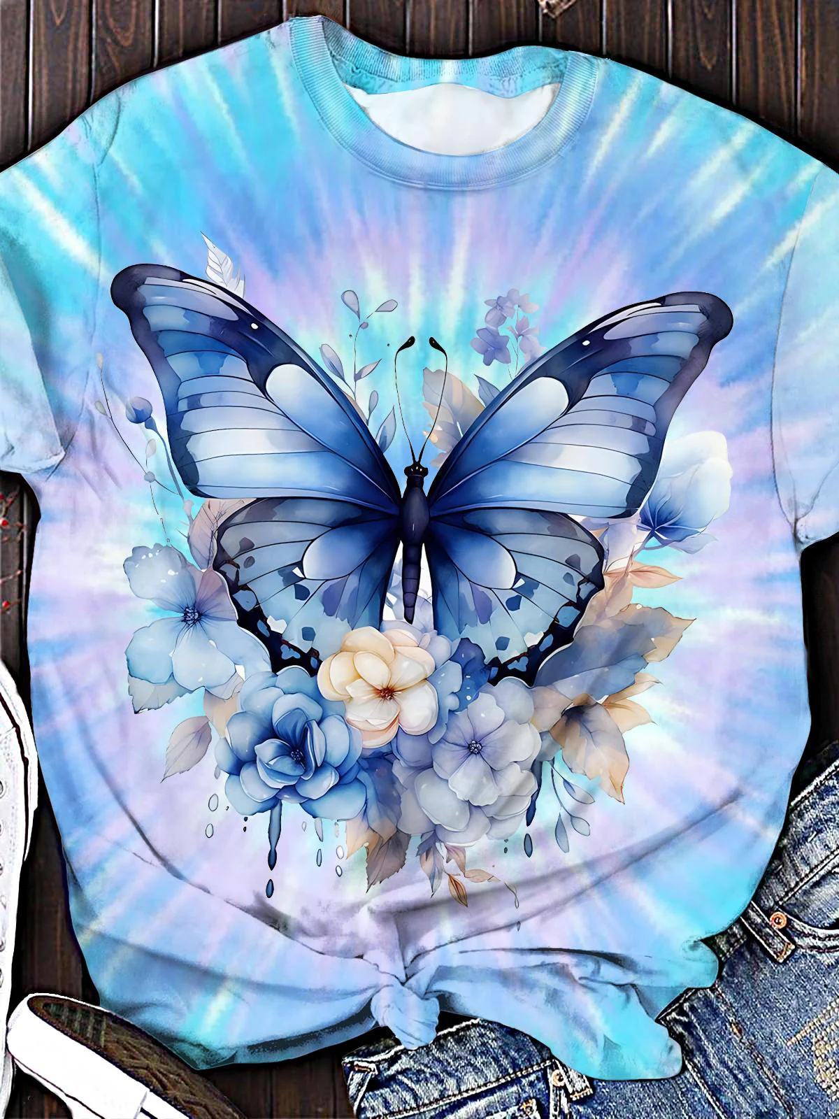 Butterfly Tie Dyeing Crew Neck T-shirt - Image 2